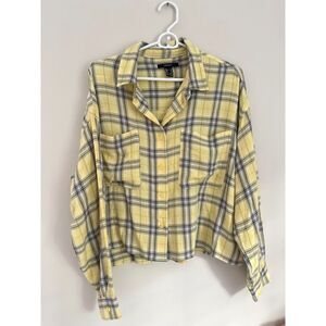 Forever 21 Yellow Plaid Button Up Shirt Size Medium Cropped Flannel Pocket Top